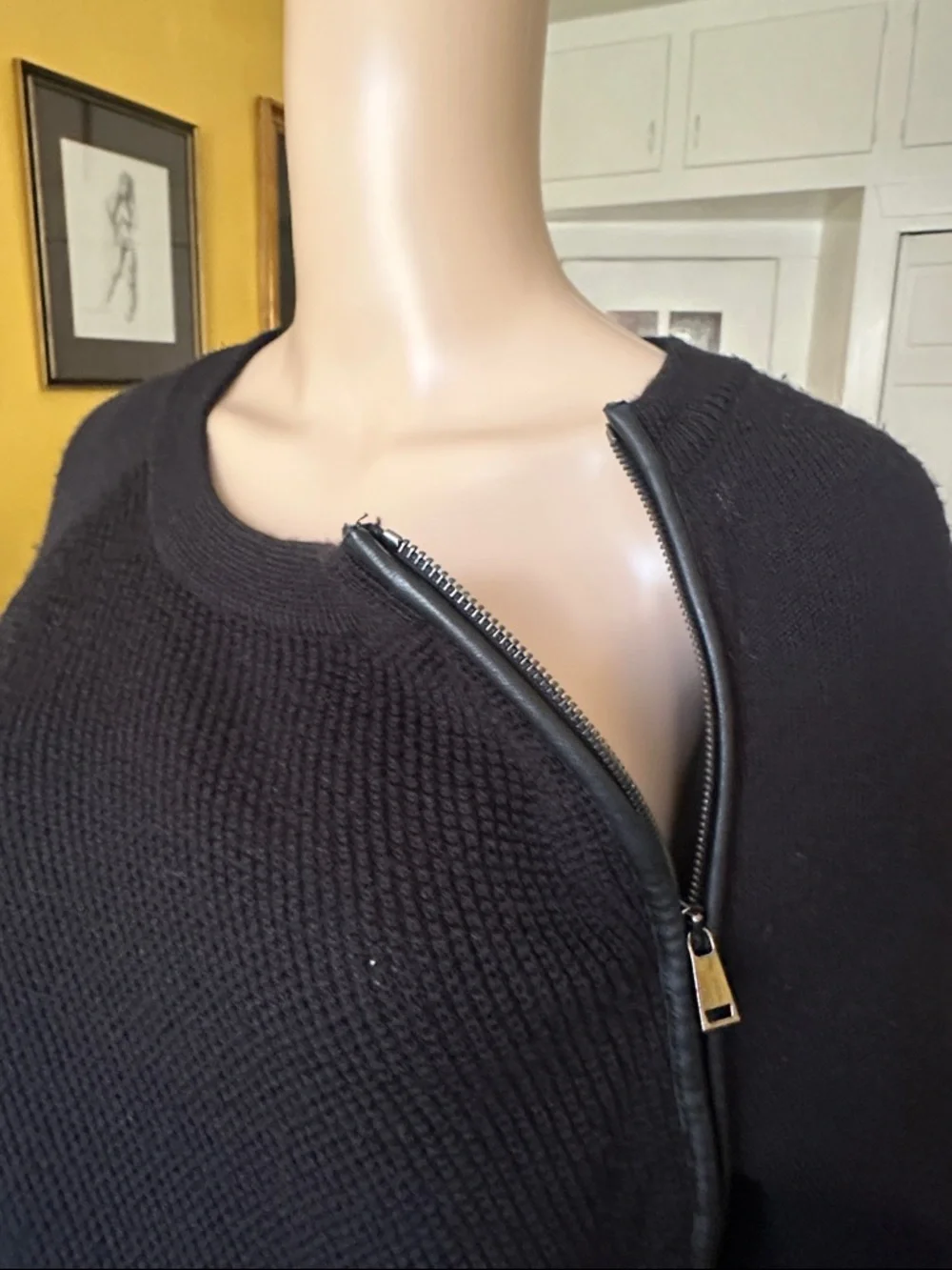 Vince Black Wool Asymmetrical Leather Trim Zip Sweater Size M